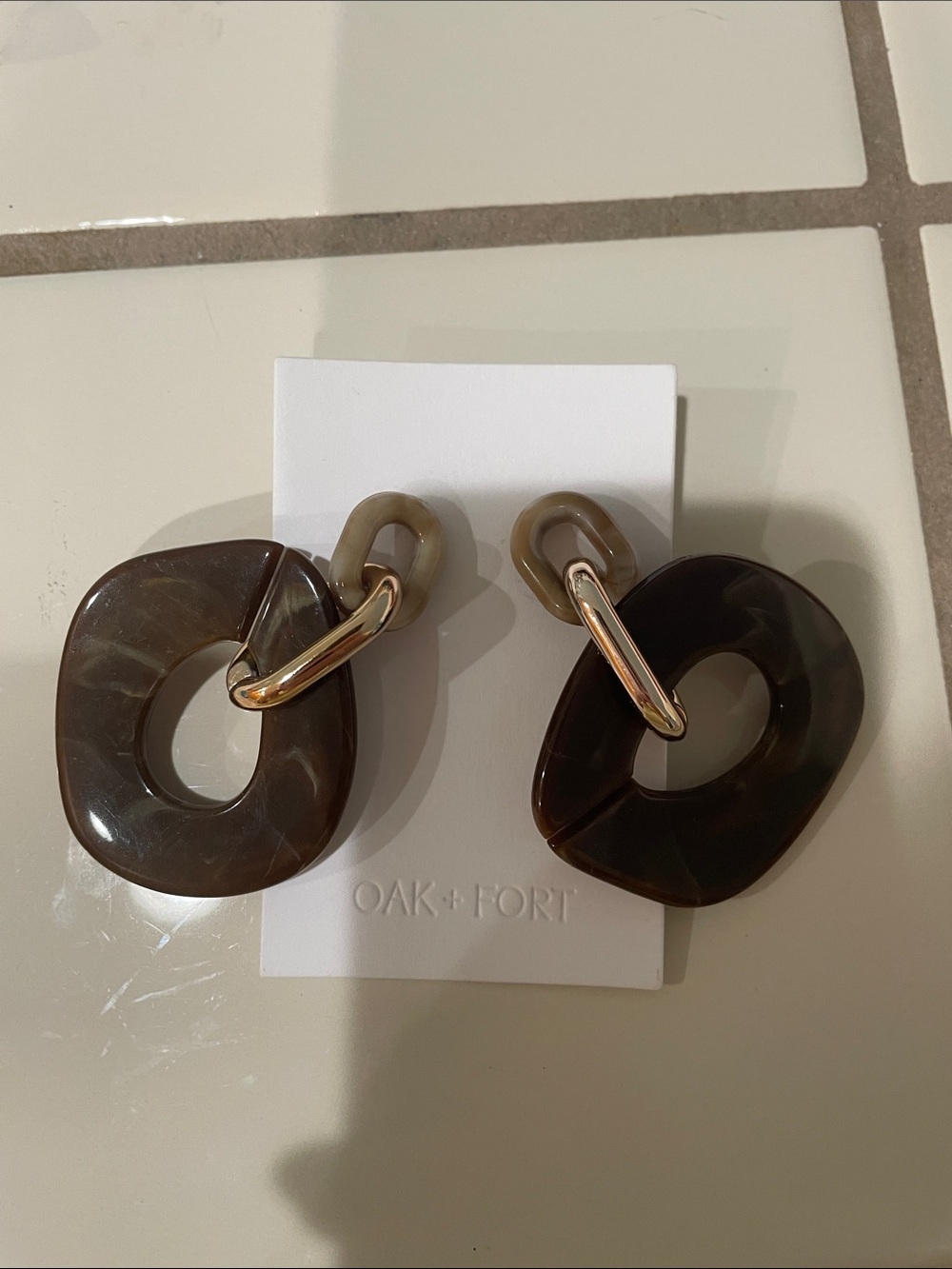 OAK + FORT Dark Brown Resin Link Drop Earrings with Gold Accents